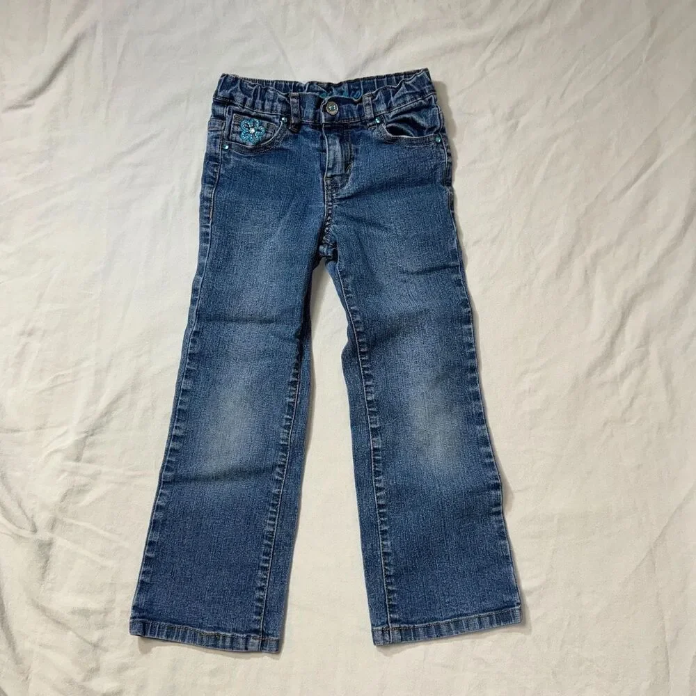 Arizona Jean Bootcut Flair Girl's 5 Blue Denim Pants Adjustable Sequin Pocket
